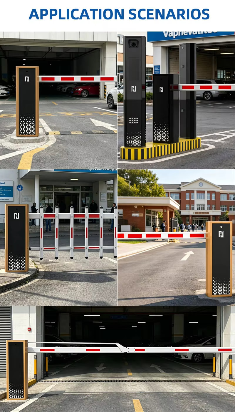 Integrasi tiang rfid proximity reader kartu akses gerbang masuk parkir swalayan manless