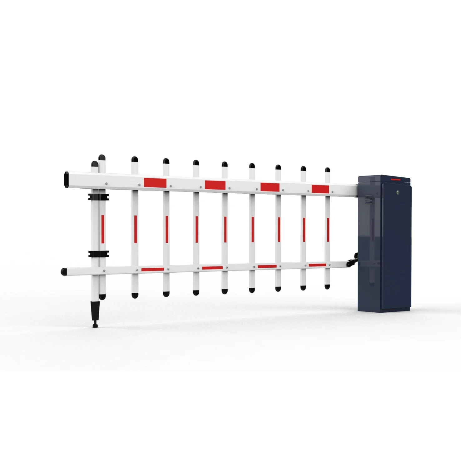 White fence-arm parking barrier gate with red reflective strips mounted on a dark blue barrier cabinet