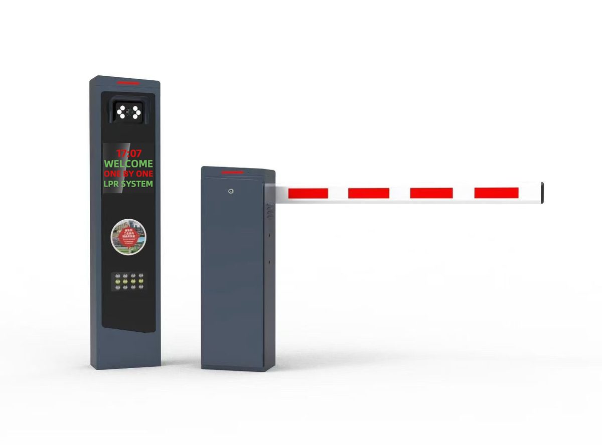 LPR parking terminal with camera, LED display and keypad beside a straight-arm automatic barrier gate