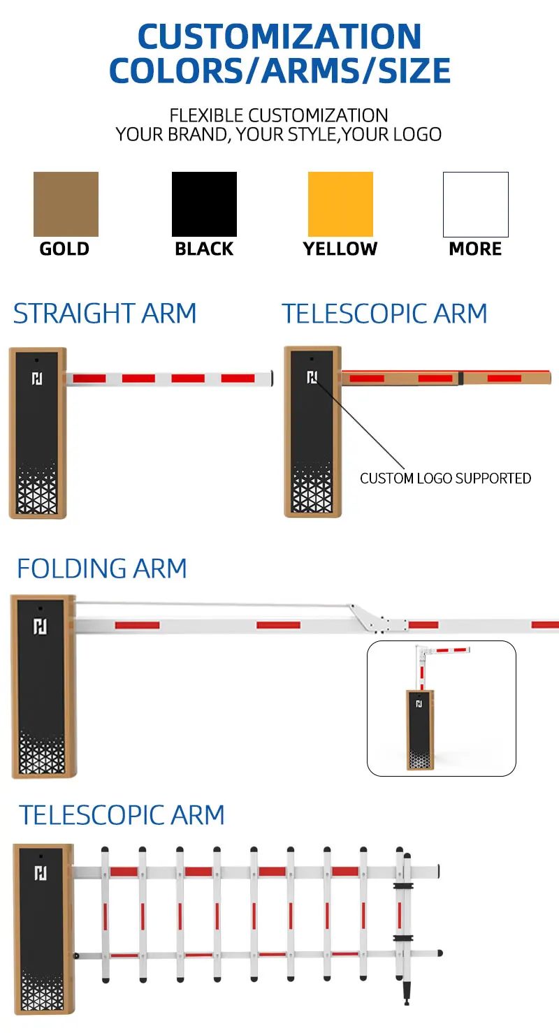 Automatic parking barrier gate options including straight arm and fence arm